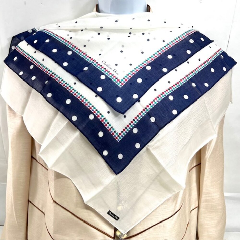 (2) New   Christian dior MiniScarf/Handker18" , silk/ cotton Bule White dott(86)